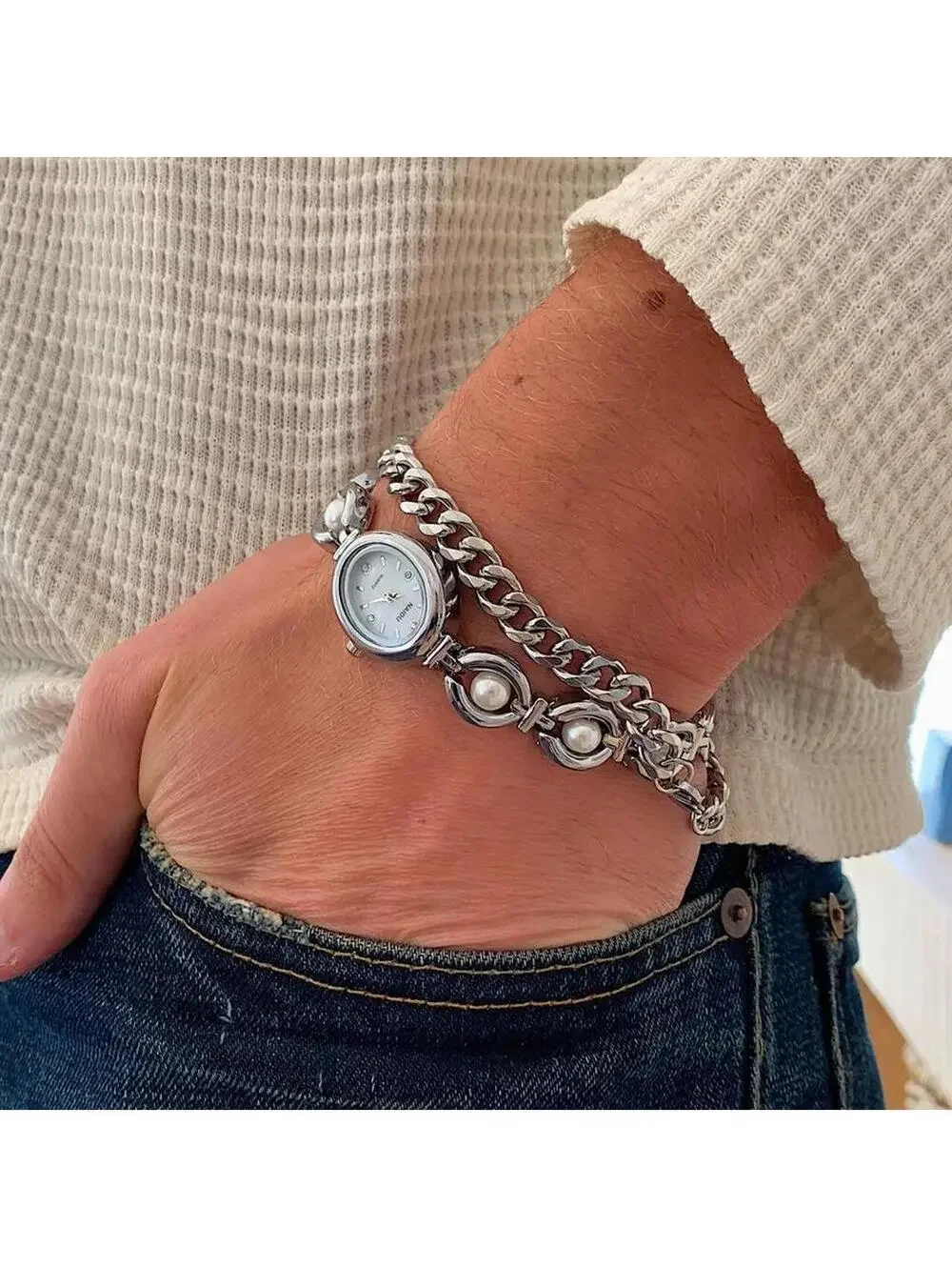 Luxury Y2K style Silver round stainless steel quartz pearl stone charm watch